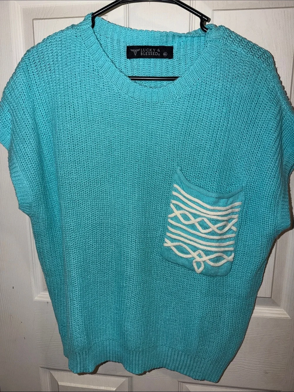 Lucky & Blessed Turquoise Knit Scoop-Neck Sweater with Cream Accent Pocket